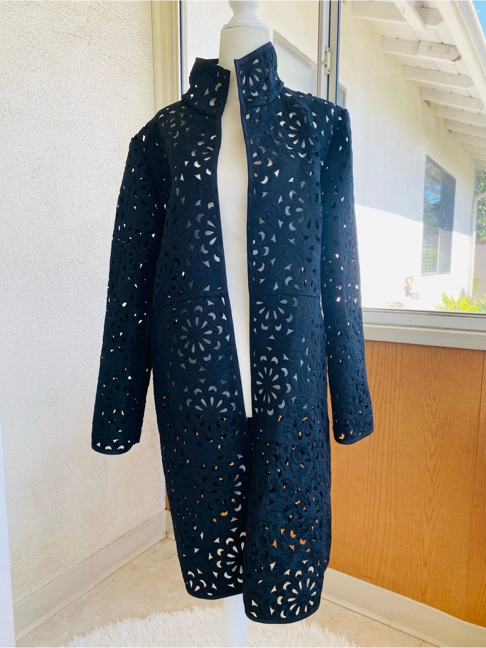 Grace Chuang New York Black Laser Cut Floral Duster Jacket Coat L